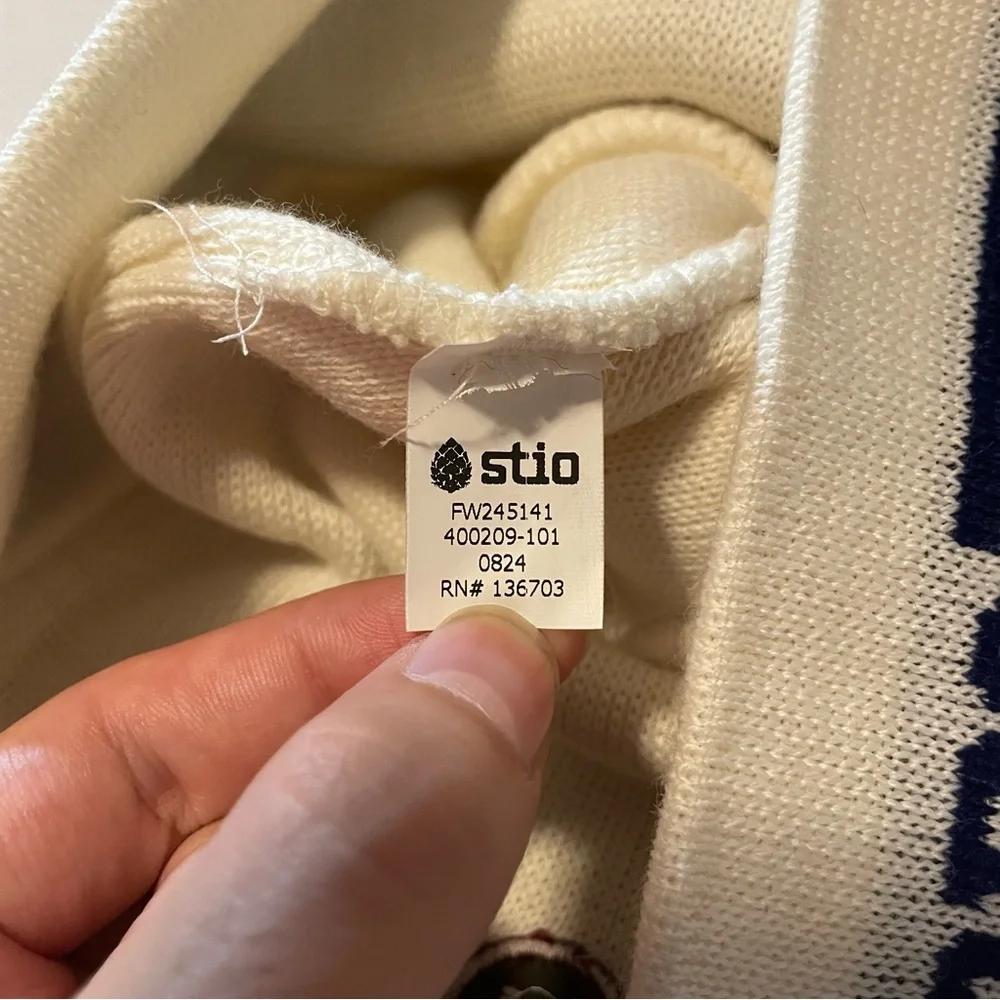 Stio Cream Knit Pom Beanie with Maroon Pom and Multicolor Stripes